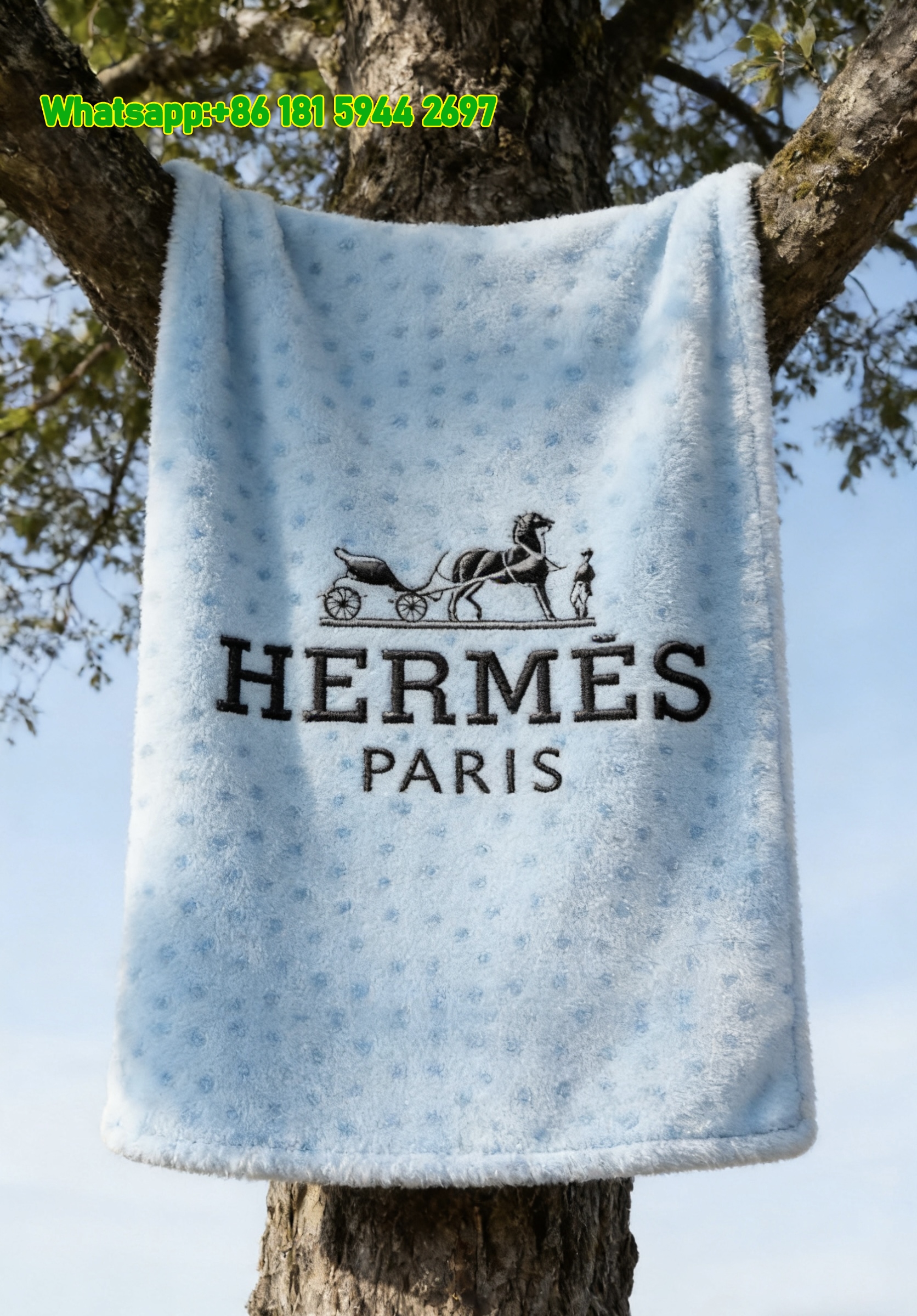 Hermès Light Blue Horse Carriage Flannel Fleece Throw Blanket IMG_4982